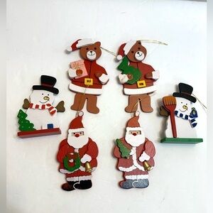 Set of 6 Vintage Wooden Christmas Ornaments Santas, Teddy Bears, Snowmen